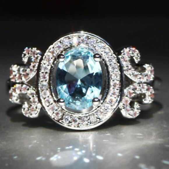 Cocktail Ring Sterling Silver 925 Sz 8 Simulated Topaz Diamonds Light Blue Luxe - Picture 8 of 10